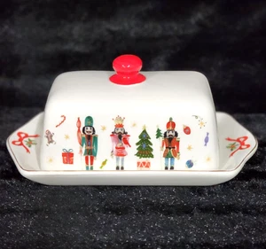 Nutcracker Covered Butter Dish Christmas 8x4" Ceramic Holly Bows Dwell Essential - Picture 1 of 10