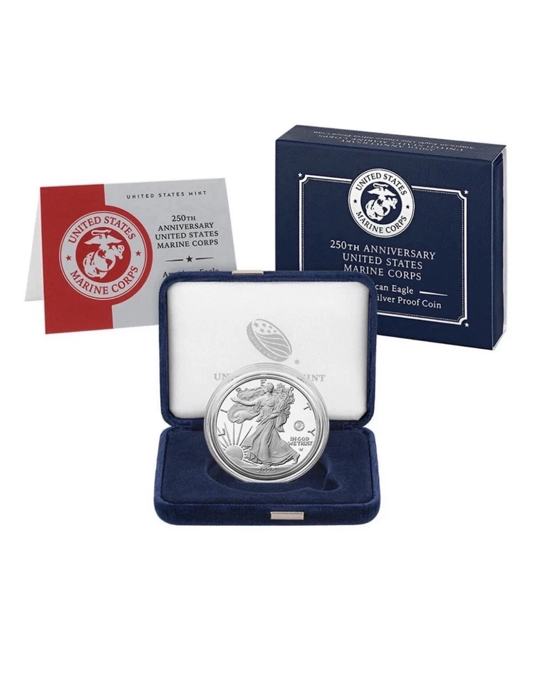 Moneda de plata de 1 onza American Eagle 250 aniversario del Cuerpo de Marines en mano Foto 1 de 1