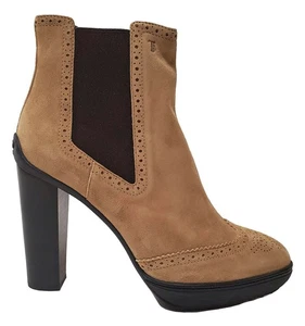 TOD'S STIEFELETTE BEIGE WILD LEDER BROGUE ELASTISCHE SEITEN HOHER ABSATZ 40,5 10,5 - Bild 1 von 12