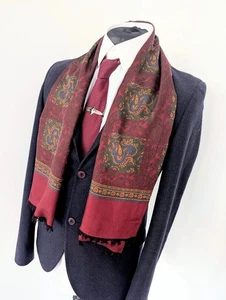  Mens Vintage 1960s Paisley Patterned Evening Wool Red Neck Scarf Cravat - Picture 1 of 8