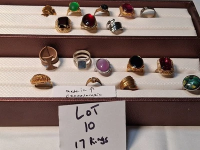 17 Vtg Jewelry Rings Rhinestone Maltese spoon Abalone Filigree Gold Tone  Lot 10 - Image 1 of 4