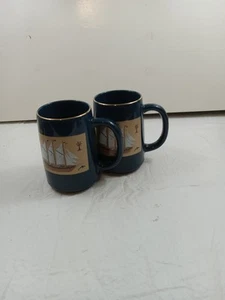 Otagiri Japan Gold Rim Coffee Cups With Sailing Ships Blue - Picture 1 of 6