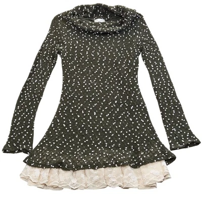 Altar'd State Dress L Olive Green White Dot Lace Trim Cowl Neck Long Sleeve - Image 1 of 4