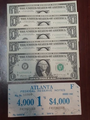 1969 5 $1 Note Consecutive Run from Original Federal Reserve Brick Uncirculated. - Image 1 of 4