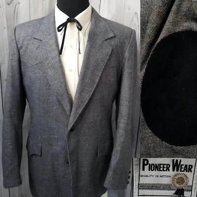 Pioneer Wear Western Yoke Mens 44 Blazer Blue Gray Sport Coat Jacket Elbow Patch - Image 1 of 4