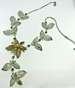 Vintage Silver Metal Flower Green Crystal Necklace/Pendant 1980' Bridal - Picture 1 of 4