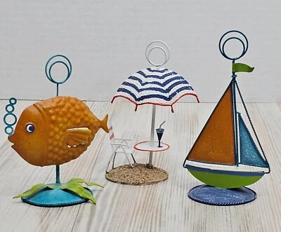 Beach House Decor Metal Photo Holders Fish, Umbrella, Sailboat 4.5" Lot Of 3 - Image 1 of 4