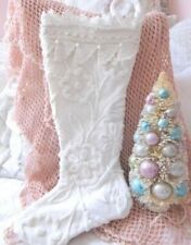 ROMANTIC *PEARLY WHITE CROCHET LACE Heirloom VINTAGE CHENILLE CHRISTMAS STOCKING