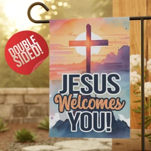Jesus Welcomes You Garden Flag, Christian Cross Banner, Christian Garden Flag - Picture 1 of 13