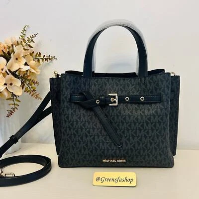 Michael Kors Emilia Small Satchel Crossbody Bag Black MK Signature - Image 1 of 4