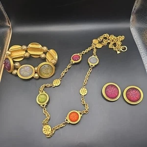 Conjunto Pendientes Collar Pulsera Liz Claiborne Vintage Tono Dorado Flor Cabujón - Imagen 1 de 16
