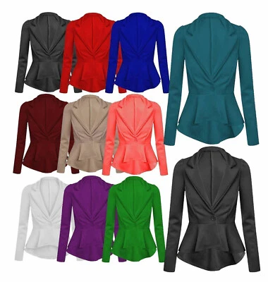 WOMEN'S CROP PEPLUM FRILL BLAZER WORK OFFICE JACKET LADIES COAT TOPS SIZE (8-24) - Image 1 of 2