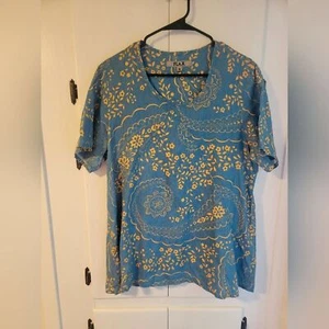 Flax Linen Floral Boho Short Sleeve Blouse - Picture 1 of 6