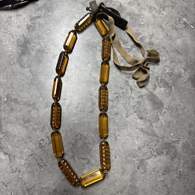 J Crew Bead Necklace Amber Colored Oblong Rhinestones Tan Ribbon 36" NEW gift - Image 1 of 4