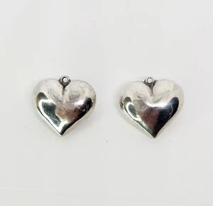 Sterling Silver Puffy Heart Set Pair Love Pendant Charm DIY Earrings 3D .75" - Picture 1 of 5