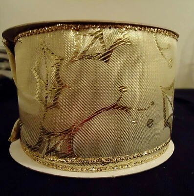 MEGA ROLL 2.5" Gold Holly Leaf Metallic Wired Edge Ribbon - 30 ft - Image 1 of 2