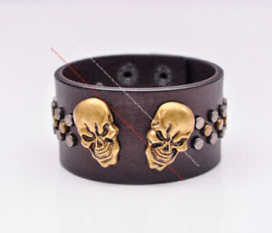 Brass Biker Skull Concho Rivet Stud Wide Wrap Leather Bracelet Wristband Cuff