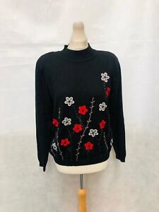 Vintage 80s Alfred Dunner Floral Wool Blend knit jumper Sweater size L (T554)