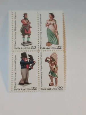 22 CENT MINT NH WOODCARVED FIGURINES STAMP BLOCK FV 0.88 CV 4.50 SC 2240-43 - Image 1 of 2