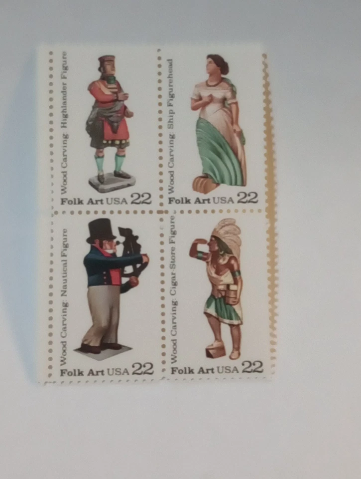 22 CENT MINT NH WOODCARVED FIGURINES STAMP BLOCK FV 0.88 CV 4.50 SC 2240-43 - Image 1 of 2