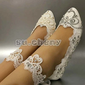 su.cheny Light ivory white pearls flats ballet Wedding shoes Bridal size 5-13 - Picture 1 of 12