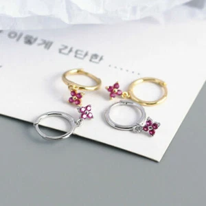 925 Sterling Silver Tiny CZ Flower Huggie Hoop Dangle Drop Earrings A1248 - Picture 1 of 24