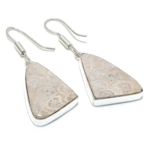 Fossil Coral Gemstone Handmade 925 Sterling Silver Jewelry Earring Size 2.25" - Picture 1 of 1
