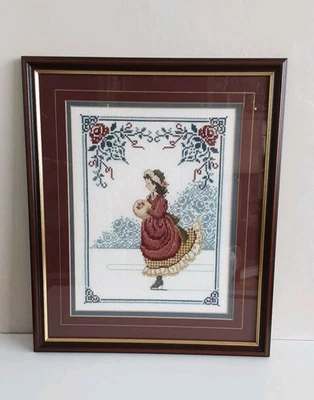 Vintage Christmas Tapestry Framed Pretty Victorian Lady Ice Skating 39 X 33" - Image 1 of 4