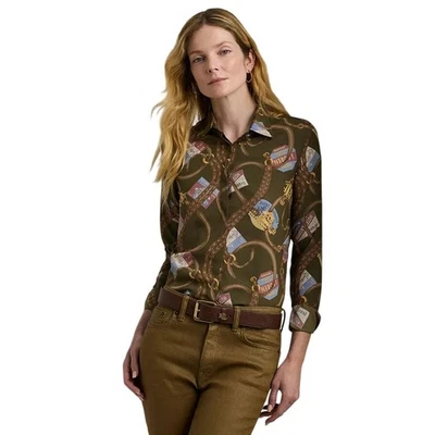 Lauren Ralph Lauren Women's Travel Printed Shirt in Farm Olive Green, Size PXS - Image 1 of 4