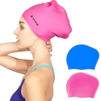 KEARY 2Pack Updated Silicone Swim Cap for Long Hair Women Girl Waterproof Bathing Pool