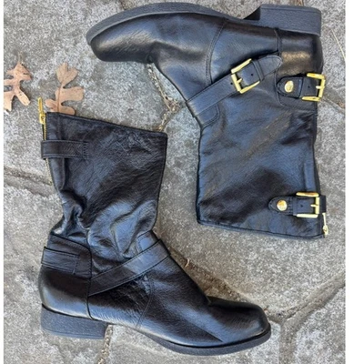 Steve Madden Black Leather Ankle Moto Boots Gold Buckle Biker Mid Calf Size 8M - Image 1 of 4