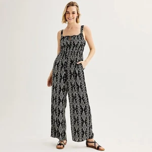 Live To Be Spoiled Junior's Sleeveless Tie Front Jumpsuit Black Abstract Print M - Picture 1 of 11