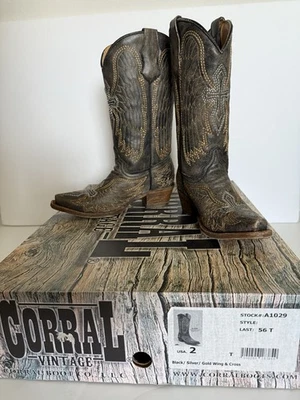 Corral Vintage Teens Cowgirl Western Boots Faded Dark Brown Wing Cross 2T, New - Image 1 of 4