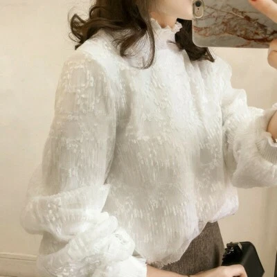 Donna Camicetta in Pizzo Trasparente Camicia lungo a Balze Maniche collo Alto Ol - Immagine 1 di 4