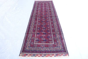 Vintage Runner Rug 3x9 ft Hallway Rug- Navy Burgundy Afghan Handmade Bokhara Rug - Picture 1 of 18
