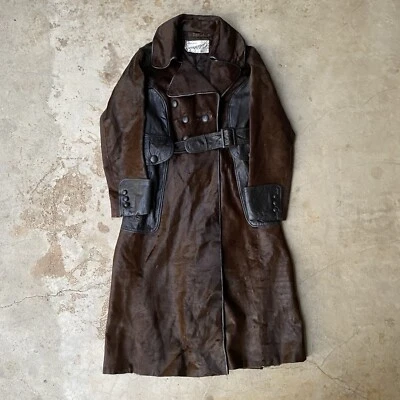 Super Rare 60s/70s Vintage Steerhide/Horse Fur Leather Trim Trench Coat Sz M - Image 1 of 4