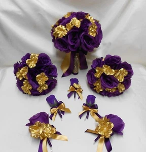 18 Piece Package Silk Flower Wedding Bridal Bouquet GOLD PURPLE EGGPLANT ROSE - Picture 1 of 6