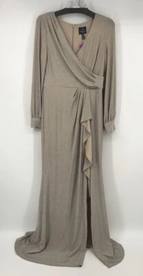 Adrianna Papell Oro Brillante Imitación Envoltura Manga Larga Cremallera Hasta el Suelo Abertura Frontal Foto 1 de 4