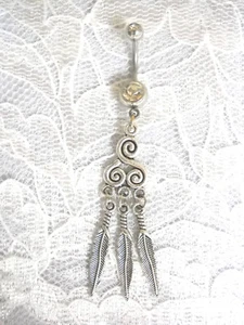 UNIQUE DREAM CATCHER TRIBAL SKY SWIRL w 3 DANGLING FEATHERS 14g CLEAR BELLY RING - Picture 1 of 1