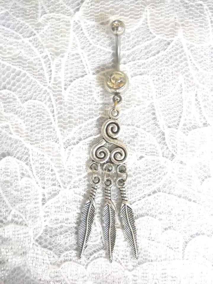 UNIQUE DREAM CATCHER TRIBAL SKY SWIRL w 3 DANGLING FEATHERS 14g CLEAR BELLY RING - Image 1 of 1