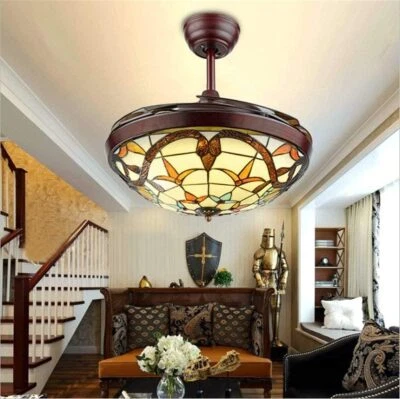 42" Tiffany LED 3-color Chandelier Retratable Ceiling Fans 3-speed w/ Remote - Image 1 of 4
