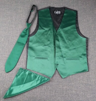 3 Piece  Tuxedo Formal Wear Vest Neck Tie Pocket Square Cardi Size M / L Green - Image 1 of 4