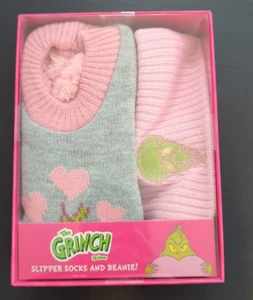 2024Women's Valentine's Day The Grinch Slipper Socks & Beanie Set Pink Size L/XL - Picture 1 of 6