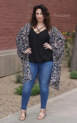 New PLUS SIZE Womens BLUE LEOPARD CHIFFON CARDIGAN KIMONO DUSTER WRAP 1X 2X 3X - Image 1 of 4