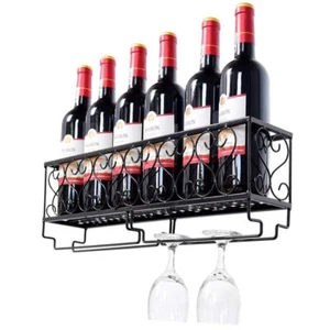 Steel Wine Rack Wall Mounted Kitchen Bar Wine Bottle Shelf with Glass Holder - Picture 1 of 6