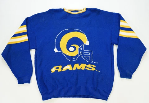 Rare Vintage BARREL SPORTSWEAR Los Angeles LA Rams Football Knit Sweater 80s L Cover