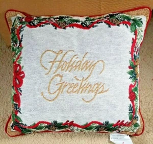 "Holiday Greetings" Decorative 16" Pillow Cotton/Polyester Pine Cones, Robbon - Picture 1 of 4