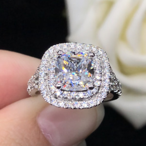 2.10 TCW Cushion Cut DVVS1 Moissanite Halo Engagement Ring 14K White Gold Plated
