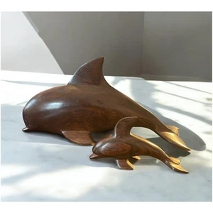 Vintage handgeschnitzte Holz Wale Fisch Figuren Baby Meer Ozean Kunst Skulptur - Bild 1 von 7