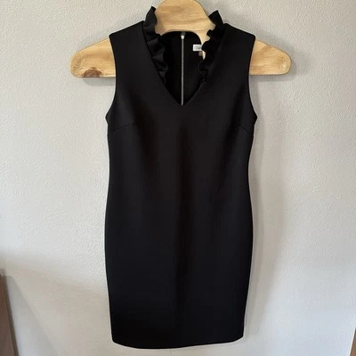 Calvin Klein Black Scuba Sleeveless V Neck Ruffle Collar Sheath Dress Size 14 - Image 1 of 4